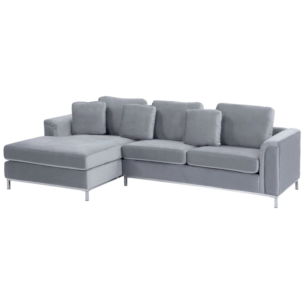 Divano ad angolo con rivestimento in velluto grigio a forma di L con orientamento a versione destra