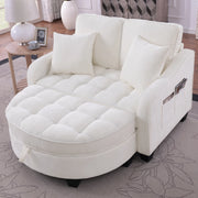 Divano Letto 2 in 1 con Pouf Contenitore, Conversione Rapida, in Legno di Eucalipto e Tessuto, Beige