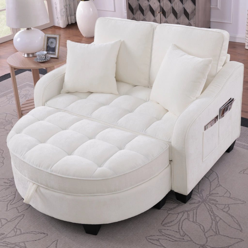 Divano Letto 2 in 1 con Pouf Contenitore, Conversione Rapida, in Legno di Eucalipto e Tessuto, Beige