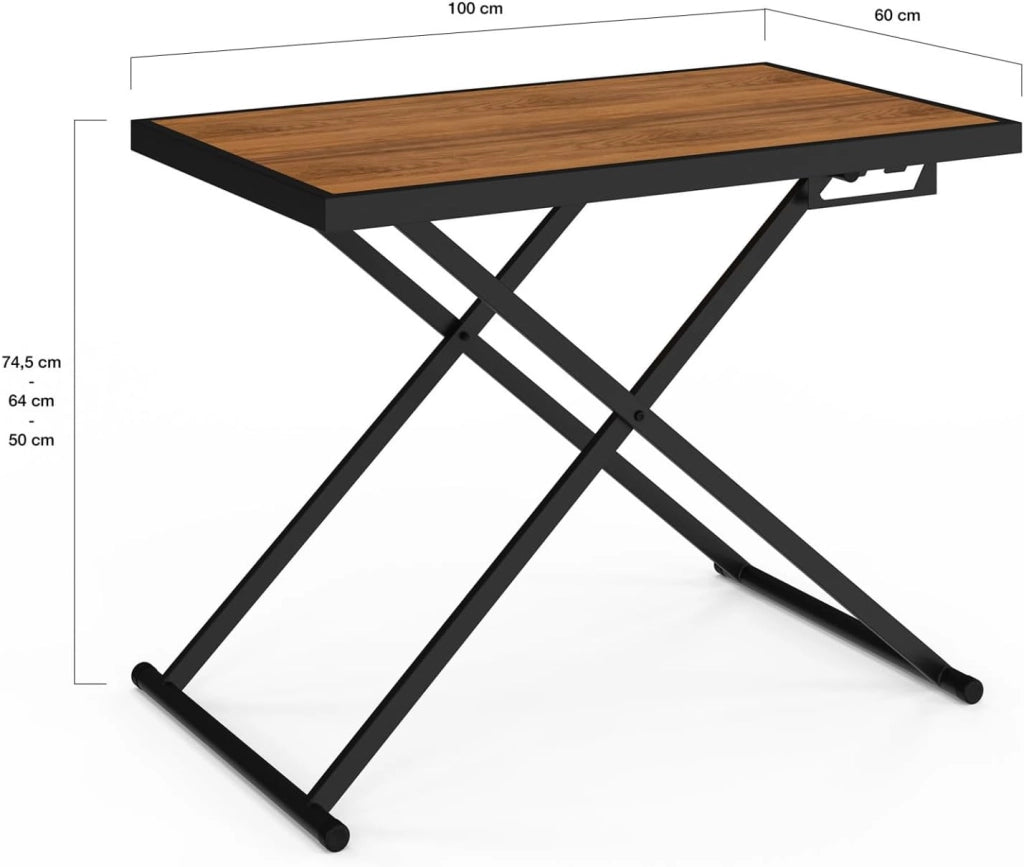Tavolo da Giardino Olie 100 cm Regolabile in Altezza a 3 Posizioni in Metallo Nero con Piano in Legno