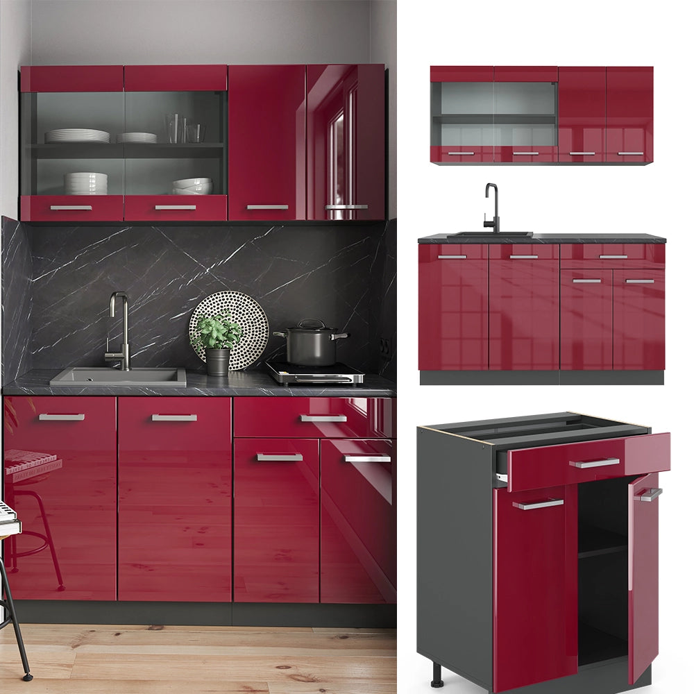 Vicco Cucina monoblocco Rosso lucido/antracite 140 cm , PL Marmo
