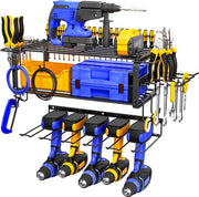 Rack per attrezzi elettrici, magazzino per attrezzi con 3 livelli e 5 viti per foro percussore, chiave inglese, pinza, supporto per ferro per officina, garage, casa, nero