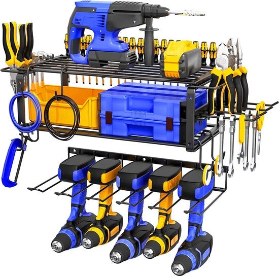 Rack per attrezzi elettrici, magazzino per attrezzi con 3 livelli e 5 viti per foro percussore, chiave inglese, pinza, supporto per ferro per officina, garage, casa, nero