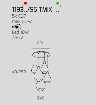 SOSP. BIANCO 5 LUCI TONDA VETRI (3 PICCOLI (1XTR+1XAM+1XFU)+2 MEDI ( 1XFU+1XBR)) 1193BI-S5 TMIX-MC