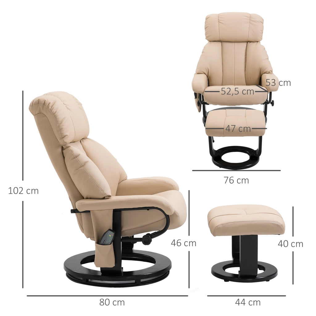 Poltrona Relax Reclinabile 76x80x102 cm Massaggiante con Pouf Poggiapiedi e Telecomando Struttura in Legno Crema