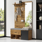 Mobile da ingresso con specchio, scarpiera, panca imbottita, cassetto e ganci, in truciolare, rovere, 104 × 39 × 190 cm