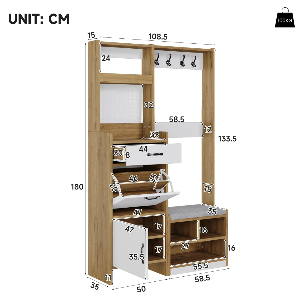 Mobile da ingresso con scarpiera, panca e vani aperti, 1 cassetto, in truciolato bianco e rovere 108.5 × 35 × 180 cm