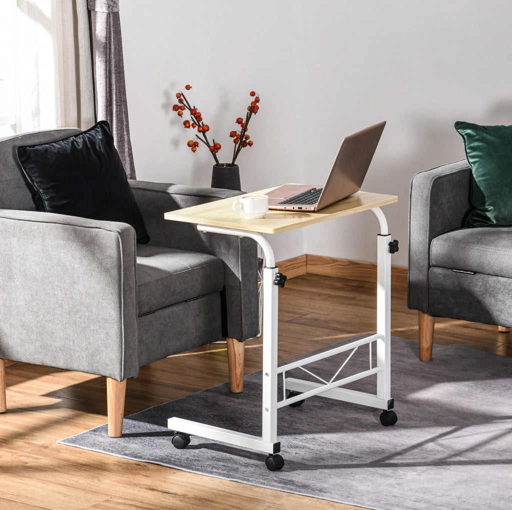Tavolino laterale regolabile in altezza con ruote e freni, design a C