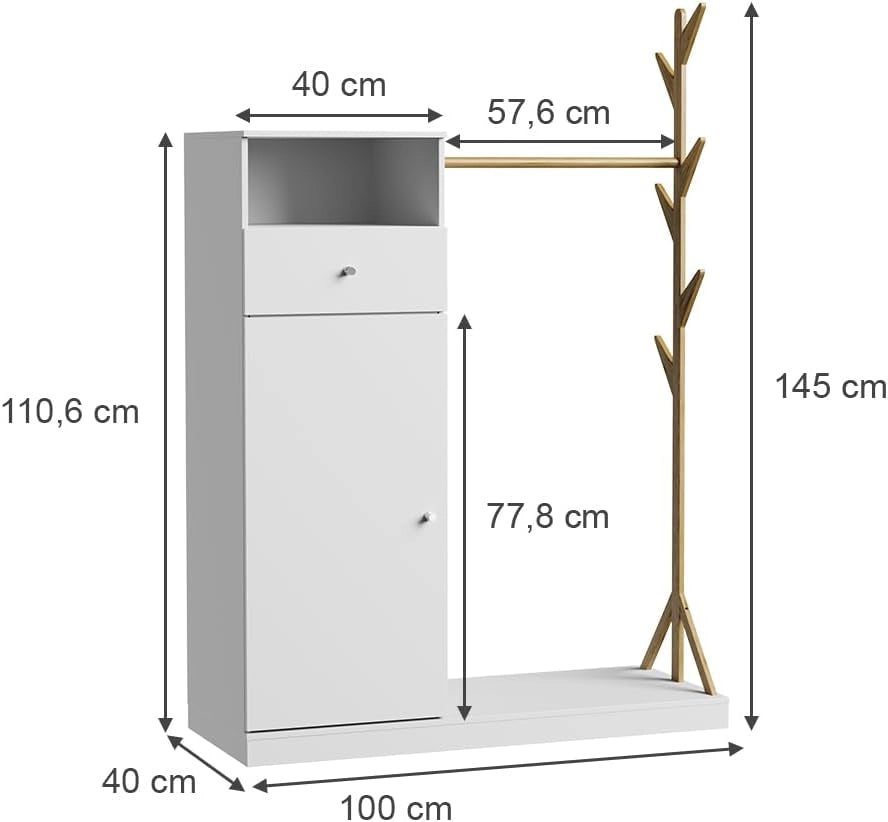 Armadio Liria, Bianco/bambù, 100 x 145 cm con cassetto, con ripiano per scarpe e ganci appendiabiti aperti