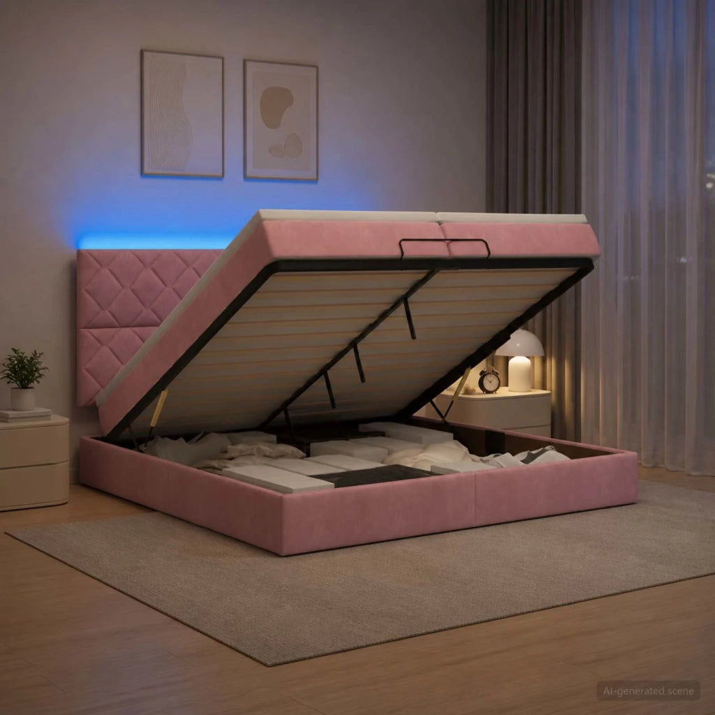 Letto Ottomano con Materasso e LED Rosa 200 x 200 cm Velluto 3458402