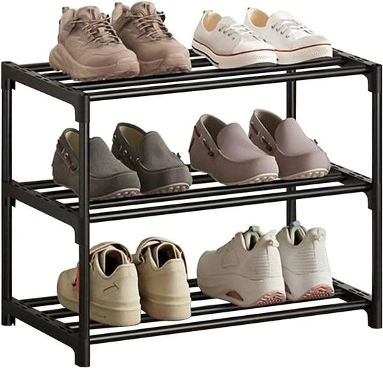 Scaffale per scarpe, 3 livelli, basso, apertura per scarpe sottile, smalto anticorrosione, adatto per dormitorio, appartamento in affitto, balcone, ripiegabile, sottile, (nero, 3)