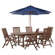 Set da giardino con 6 sedie in legno di acacia marrone scuro con schienale regolabile pieghevole in stile rustico con ombrellone blu