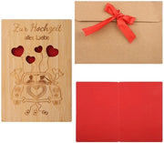 Carta di auguri per il matrimonio in legno di bambù - Carta di auguri personalizzata - Disegno auto/gravure romantico - Busta di cartoncino con strisce rosse - 15 x 11 cm
