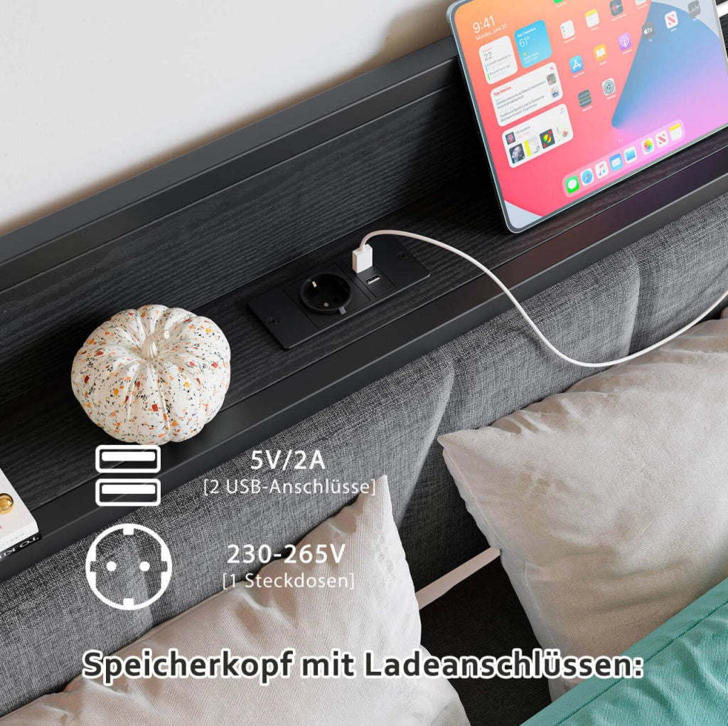 Letto matrimoniale 140 x 200 cm in metallo con testiera contenitore, LED e ricarica USB