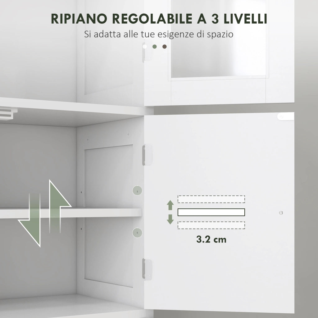 Mobile Colonna Bagno con 3 Armadietti e Ante in Vetro e a Persiana, 60x30x170.5cm, Bianco