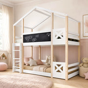 Letto a soppalco per bambini 90x200 cm con scala; lavagna e rete a doghe; bianco