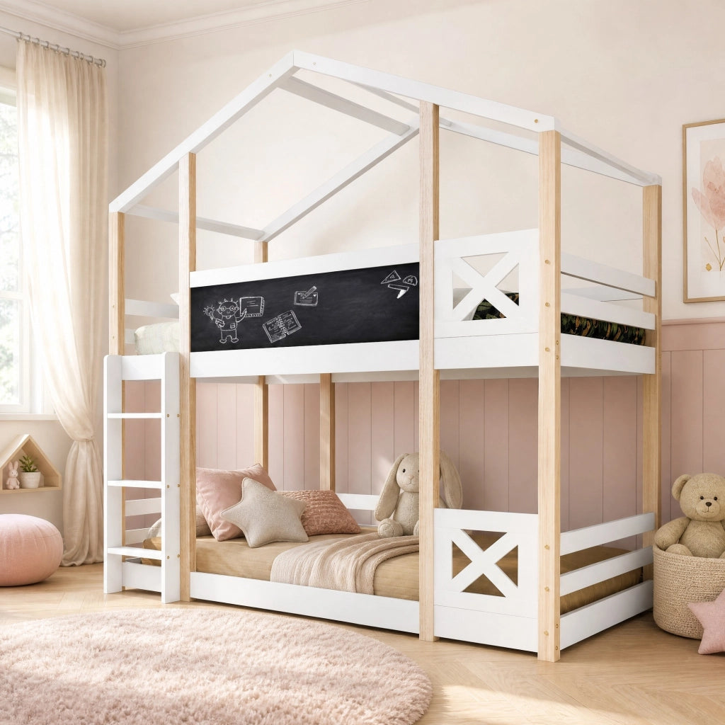 Letto a soppalco per bambini 90x200 cm con scala; lavagna e rete a doghe; bianco