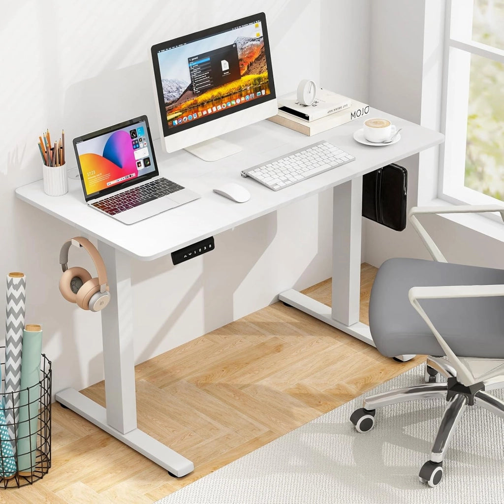 Scrivania Regolabile in Altezza, Scrivania con 3 Impostazioni di Altezza Memorizzabili, 2 Ganci e Gestione dei Cavi, Ideale per Ufficio e Casa, 120 x 60 x 73-122 cm (Bianco)