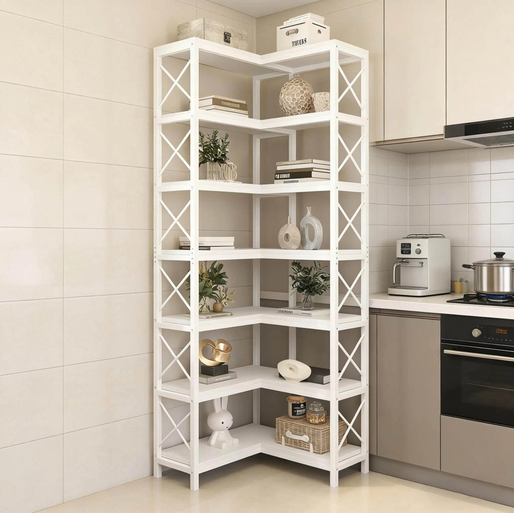 Scaffale angolare industriale a 7 livelli in metallo e legno