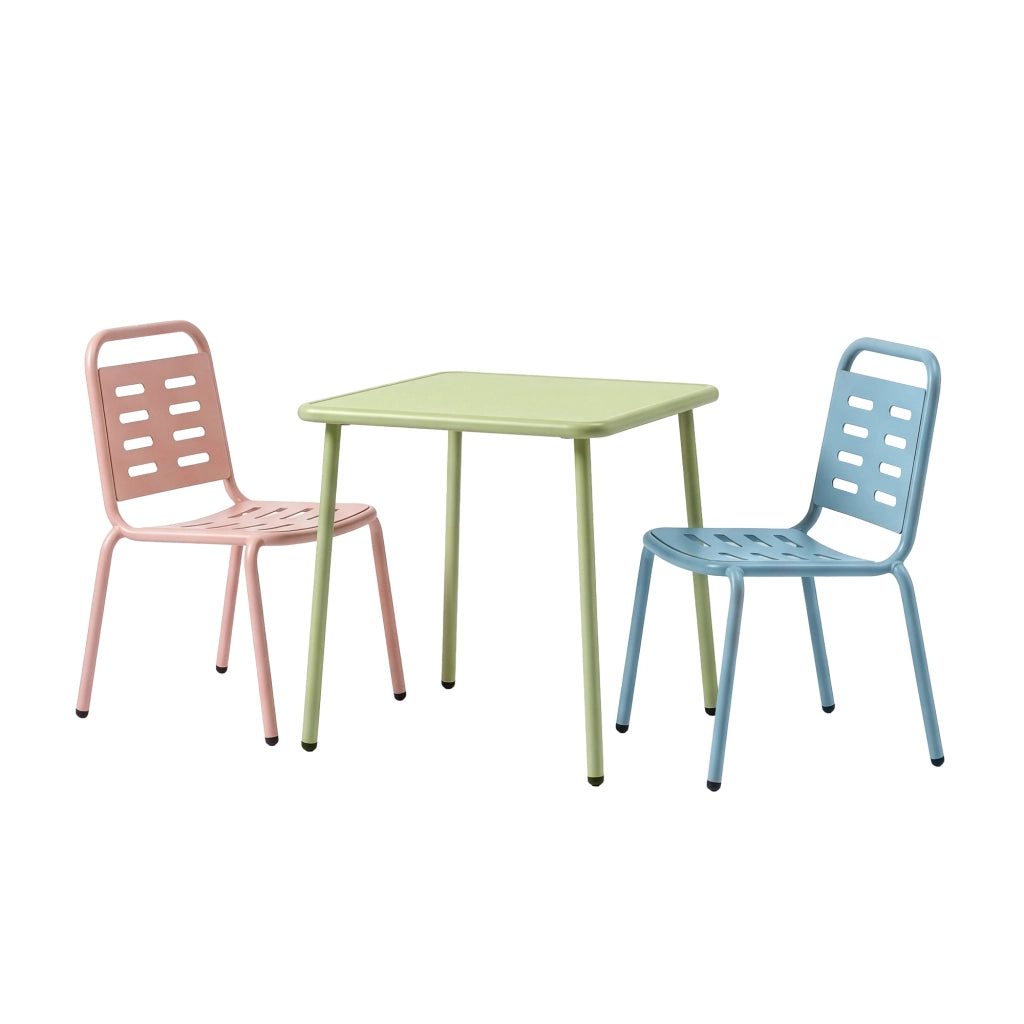 Set di 3 Mobili Etroubles per Bambini Tavolino e 2 Sedie per Esterno e Interno - Verde Salvia/Celeste/Pesca casa.pro