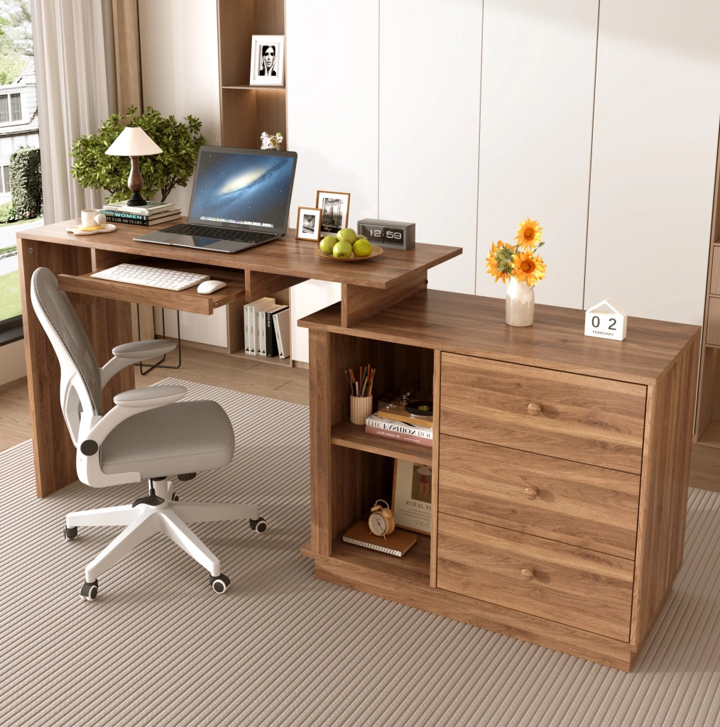 Scrivania multifunzione estensibile con 3 cassetti e 2 vani aperti; 110 cm; MDF color noce