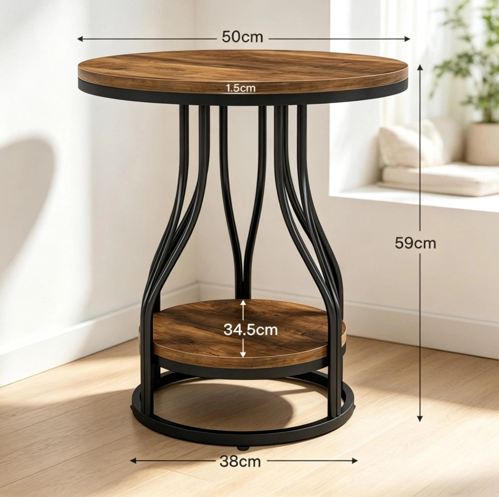 TAVOLINO ROTONDO 2 Ripiani 50x50x59 cm Metallo e Legno Nero/Marrone
