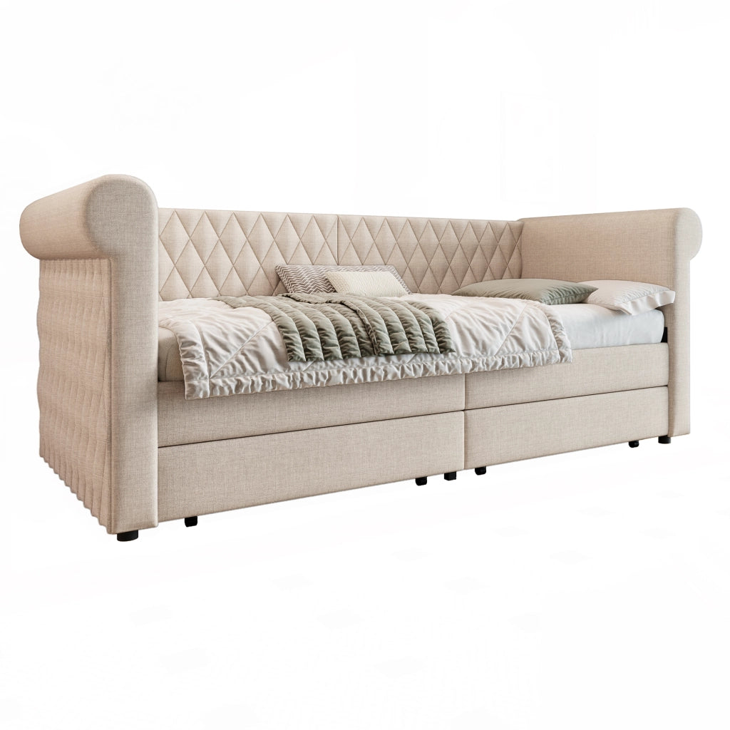 Letto a Divanetto 90 x 200 cm con 2 Cassetti; Testiera Trapuntata - in Lino - Beige