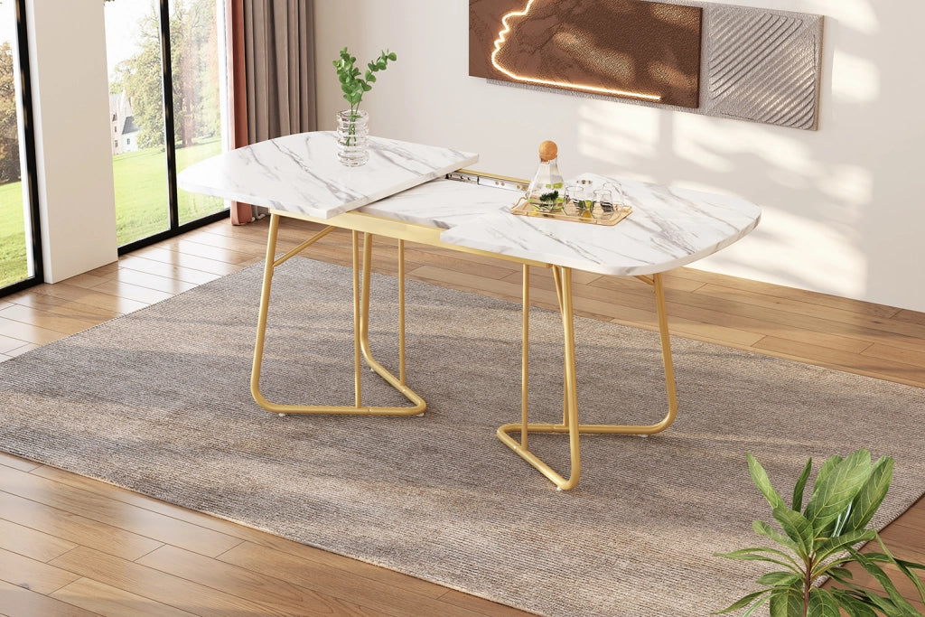 Tavolo da pranzo allungabile bianco effetto marmo 140/180x80 cm con gambe in metallo dorato, stile moderno