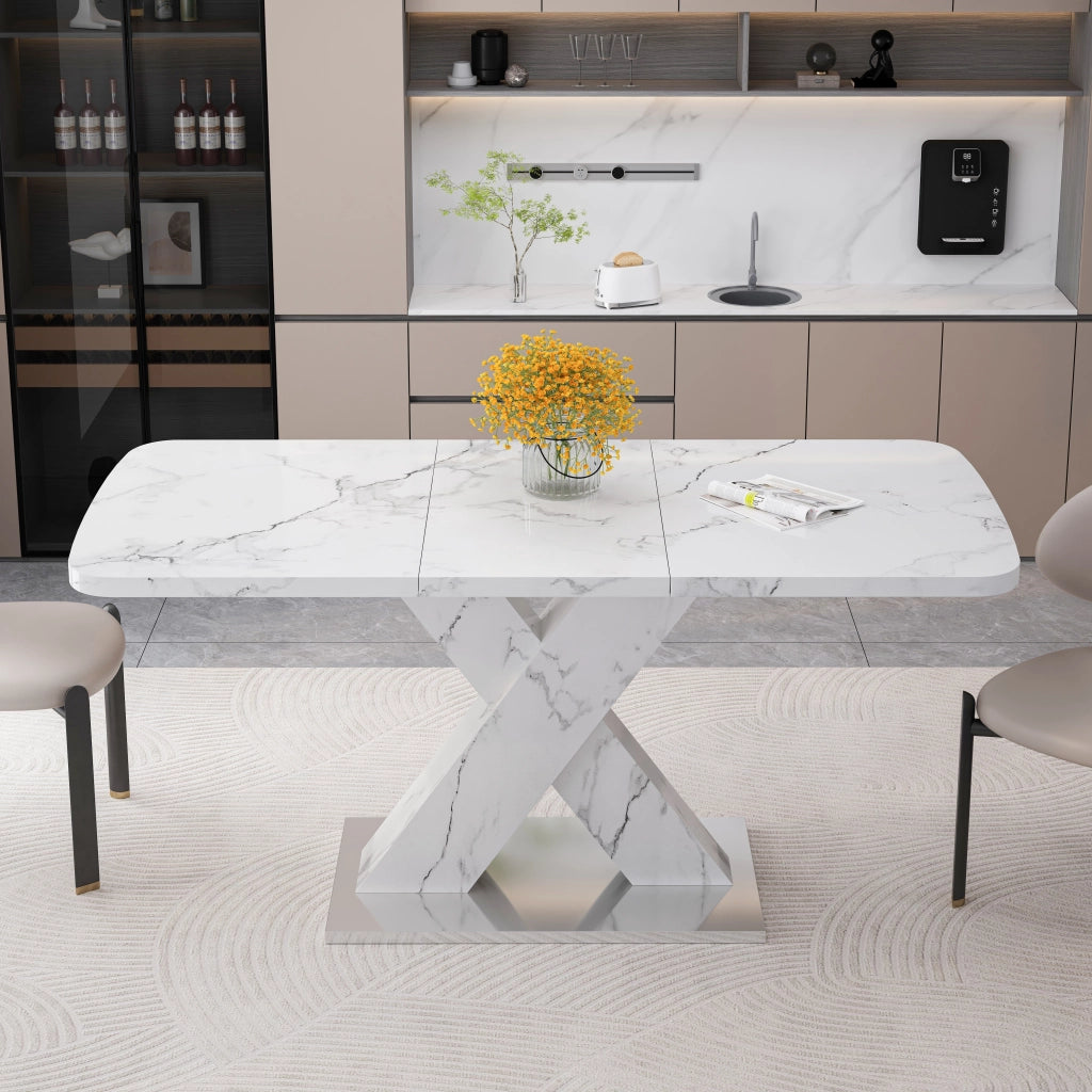 Tavolo allungabile rettangolare con piano effetto marmo bianco e base a X in metallo per sala da pranzo 160 × 80 × 76,5 cm