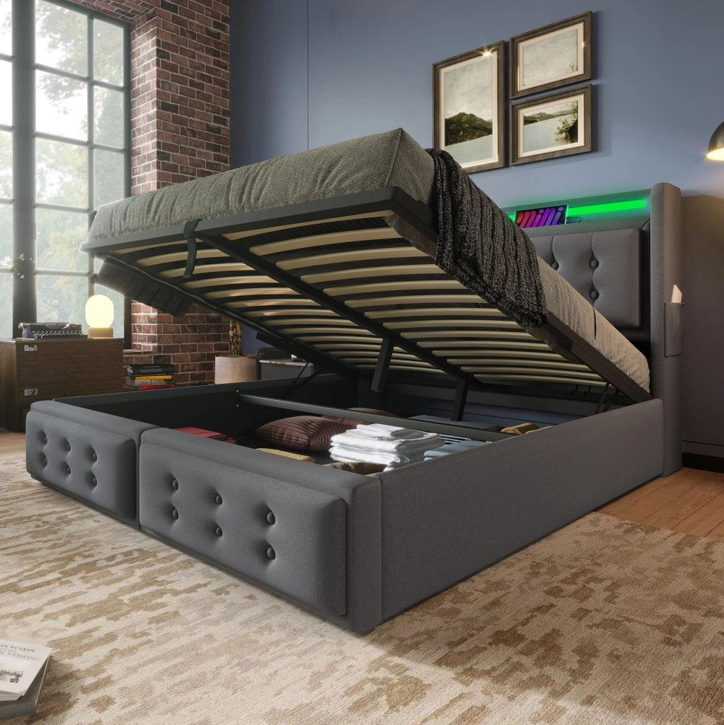 Letto matrimoniale 140x200 con LED; presa USB e Type-C; contenitore sollevabile; grigio