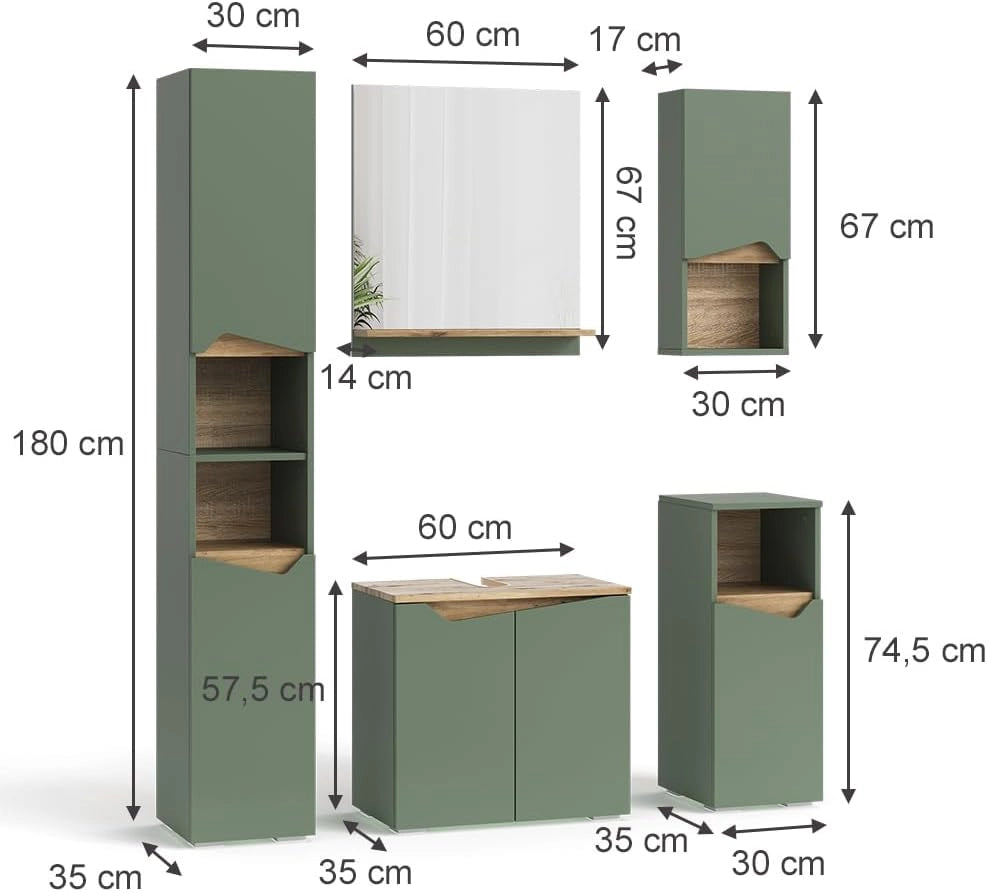 Set di mobili da bagno Marelle, Verde/Artigianale, 60 cm, composto da mobile sottolavabo, specchiera, colonna, base media e pensile
