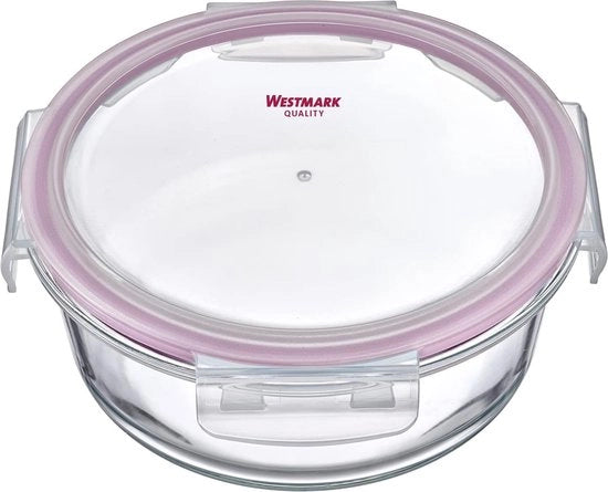 Contenitore di vetro a chiusura ermetica, rotondo, capacità di riempimento: 650 ml, resistente a microonde e forno, vetro/silicone/plastica, trasparente/rosa