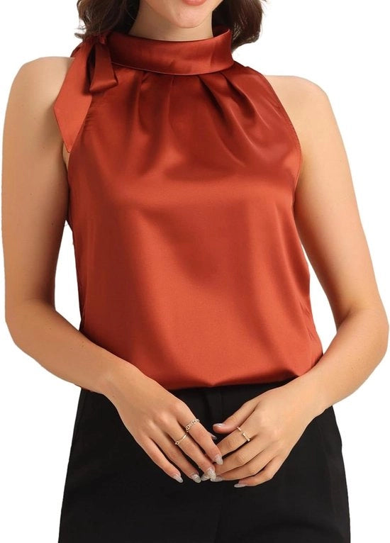 Blusa elegante senza maniche per donna in seta con collo alto e scollo a rete