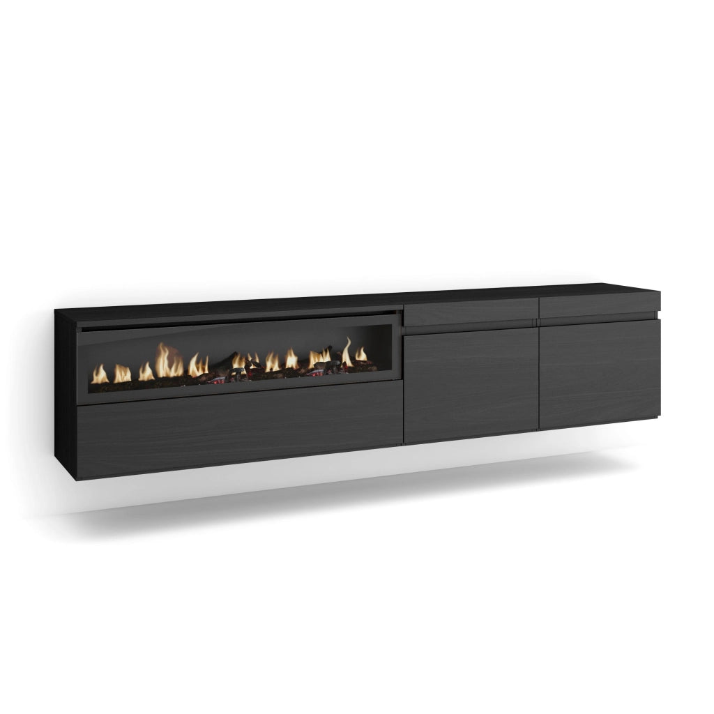Mobile TV, 200x35x45cm, soggiorno, Per TV fino a 80", Camino elettrico, da appendere, Nero RF2183