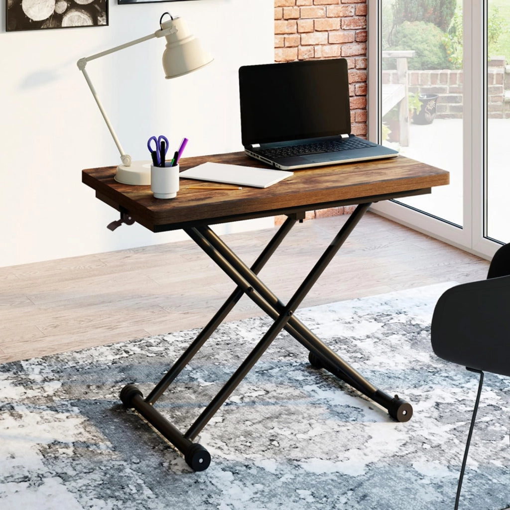 Tavolino 2 in 1 URBANA, trasformabile in tavolo da pranzo rettangolare, 100 cm, legno scuro e nero, design industriale