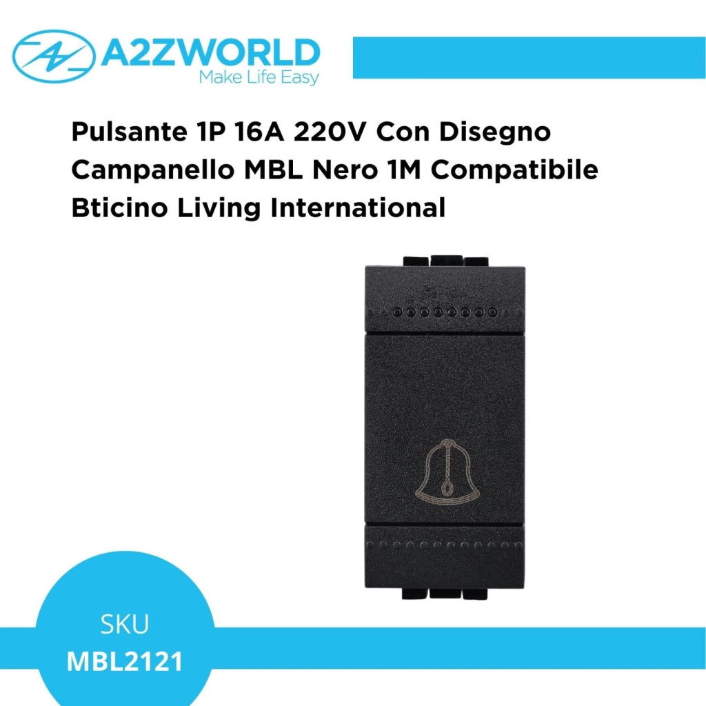 Pulsante 1P 16A 220V Con Disegno Campanello MBL Nero 1M Compatibile Bticino Living International, Retro Illuminabile