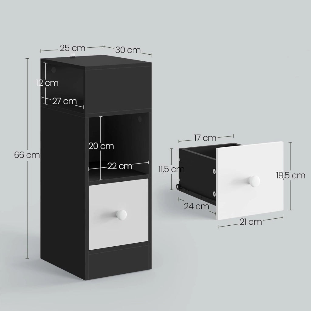 Set di 2 Comodino Stretto, Comodino con 2 Scomparti a Giorno e Cassetto, Tavolino da Notte 25x30x66cm, Mobile Salvaspazio per Camera da Letto, Soggiorno, in Truciolato, Rovere, 0010CTG-2