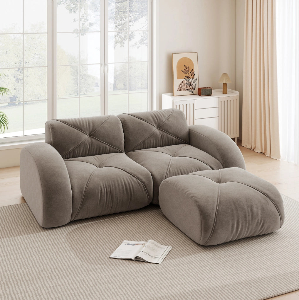 Divano modulare con pouf in chenille taupe