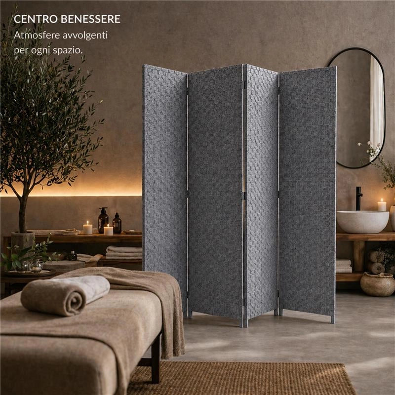 SEPARE' CON QUATTRO PANNELLI IN PLASTICA GRIGIO CON STRUTTURA IN LEGNO MISURE: 180X180CM