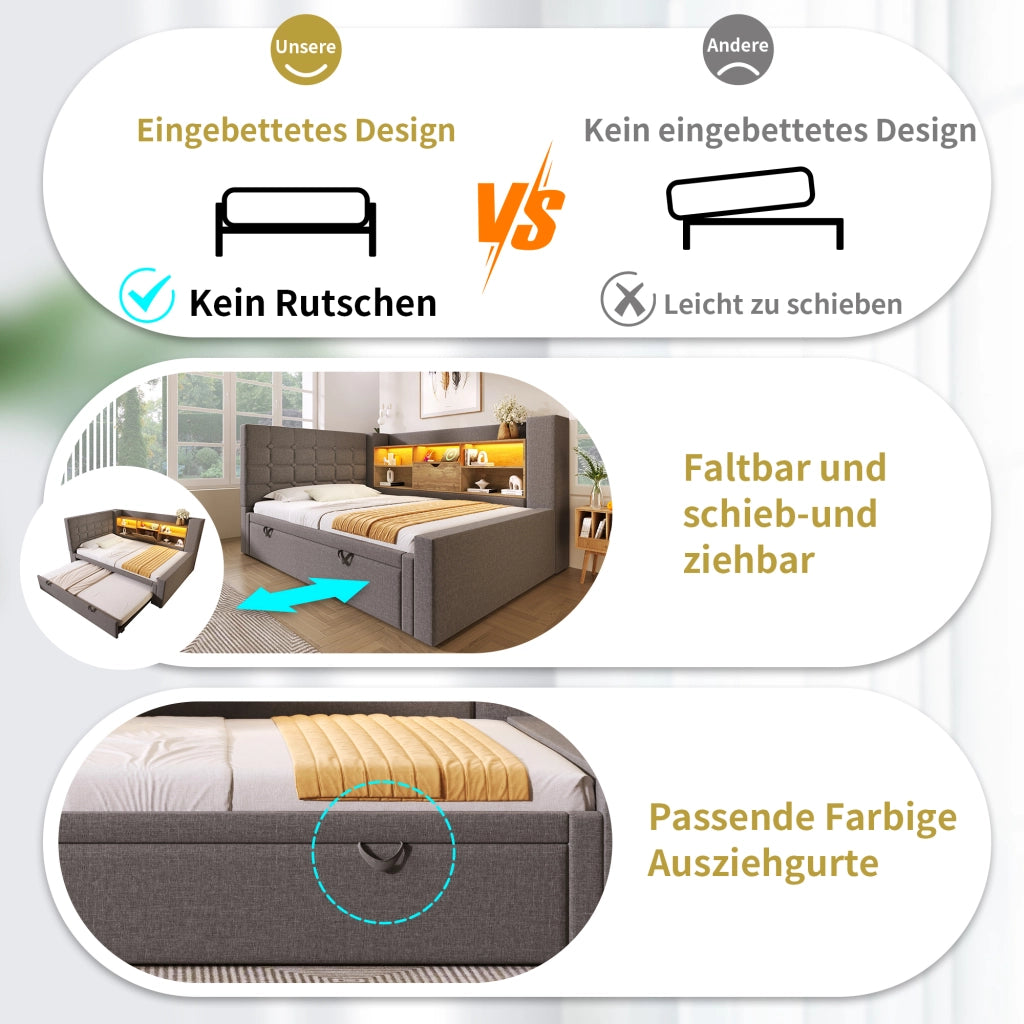 Letto con contenitore e letto estraibile lino metallo 90x200 cm
