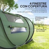 Tenda da Campeggio Pop Up 2 Posti con 2 Porte, 4 Finestre e Telo Impermeabile, 263.5x220x123 cm, Verde Scuro