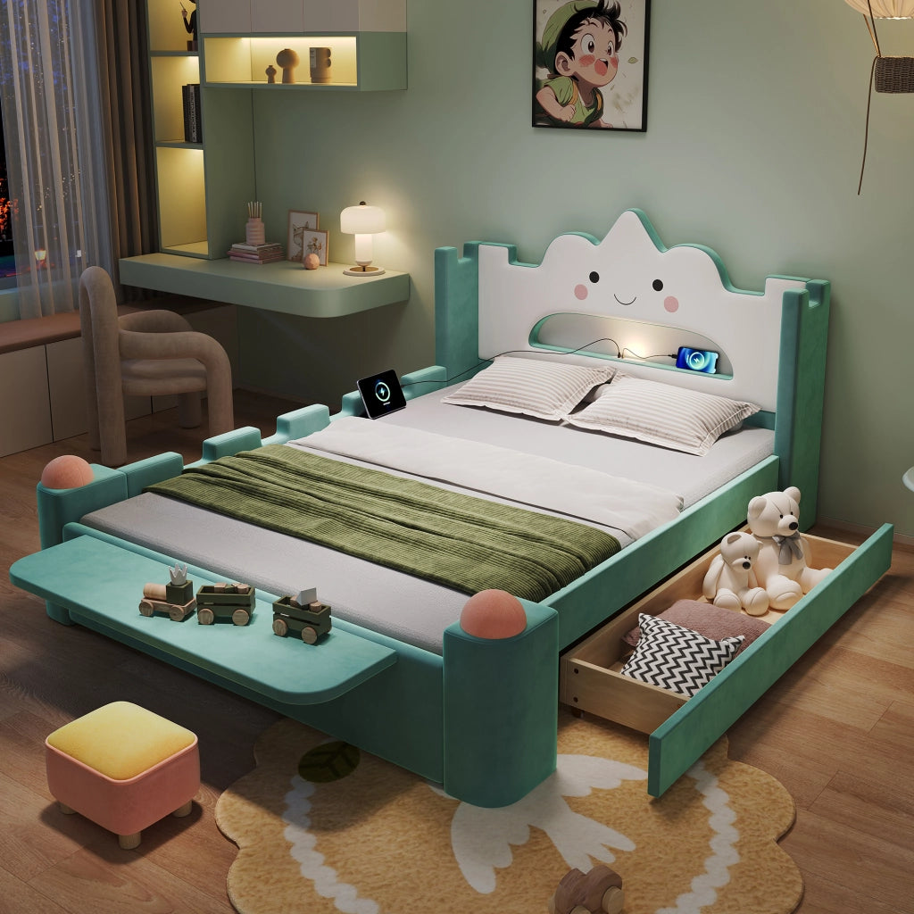 Letto con Sponda 140x200 cm; Letto Singolo - USB; Lampada e Cassetto - Bluverde