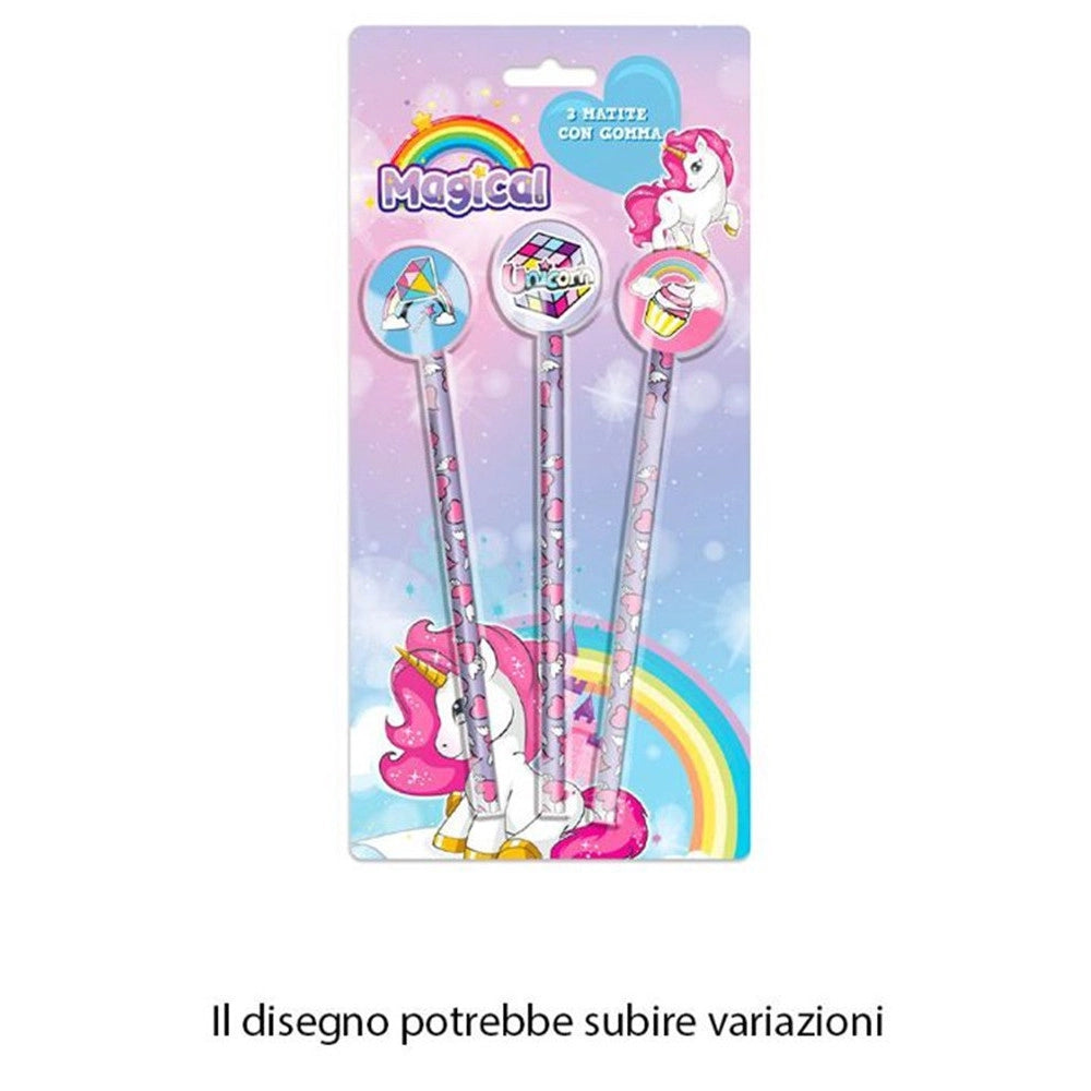 Trade Shop - Set 3pz Matite Con Gomma Tema Magico Unicorno Accessori Disegno Scuola Bambine 735706 -