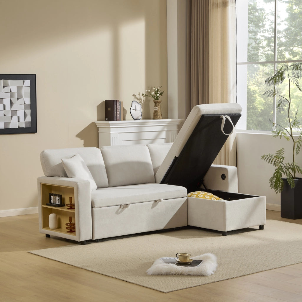Divano letto angolare 3 posti con chaise longue reversibile; USB e contenitore; beige