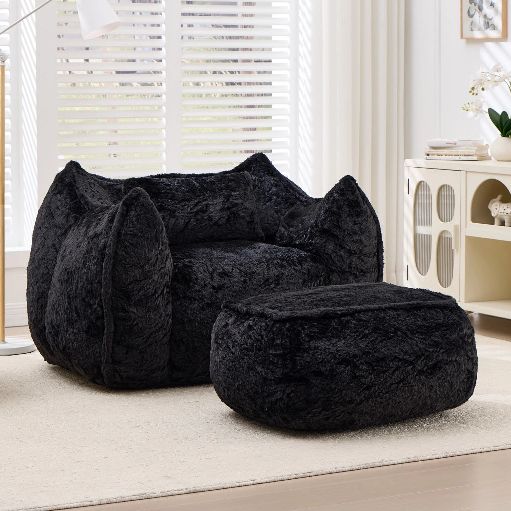 Pouf poltrona in pelliccia sintetica con poggiapiedi, schienale ergonomico e imbottitura in schiuma, nero