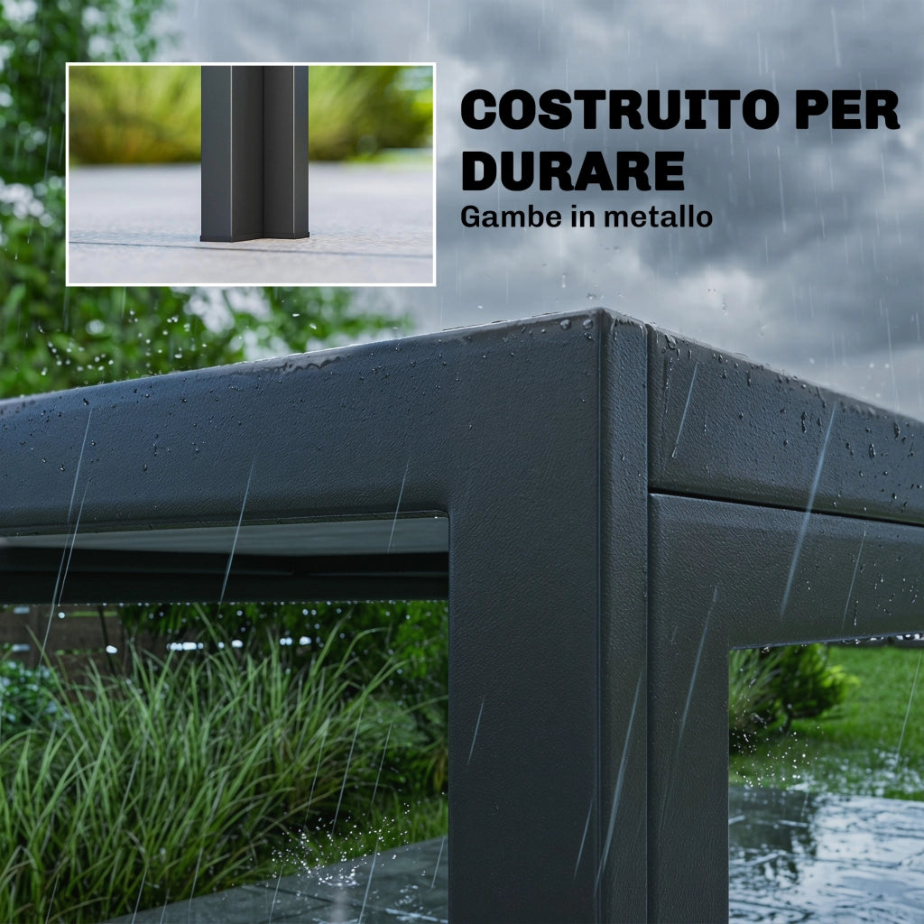 Tavolo da Giardino 4-6 Persone con Piano Effetto Legno, in Acciaio e Plastica PSPC, 150x80x74 cm, Grigio e Nero