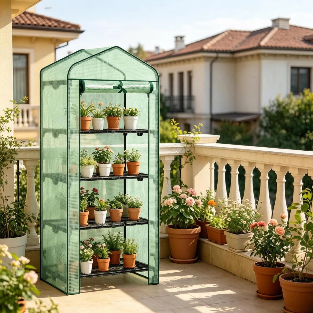 Serra a tunnel con ruote e 4 ripiani in rete, porta a zip arrotolabile, in PE e acciaio, verde, 70 × 163 × 50 cm
