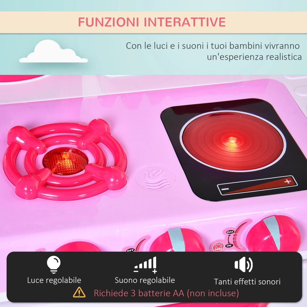 Cucina Giocattolo per Bambini con 38 Accessori Inclusi, con Luci e Suoni Realistici, 78x29x87 cm, Rosa