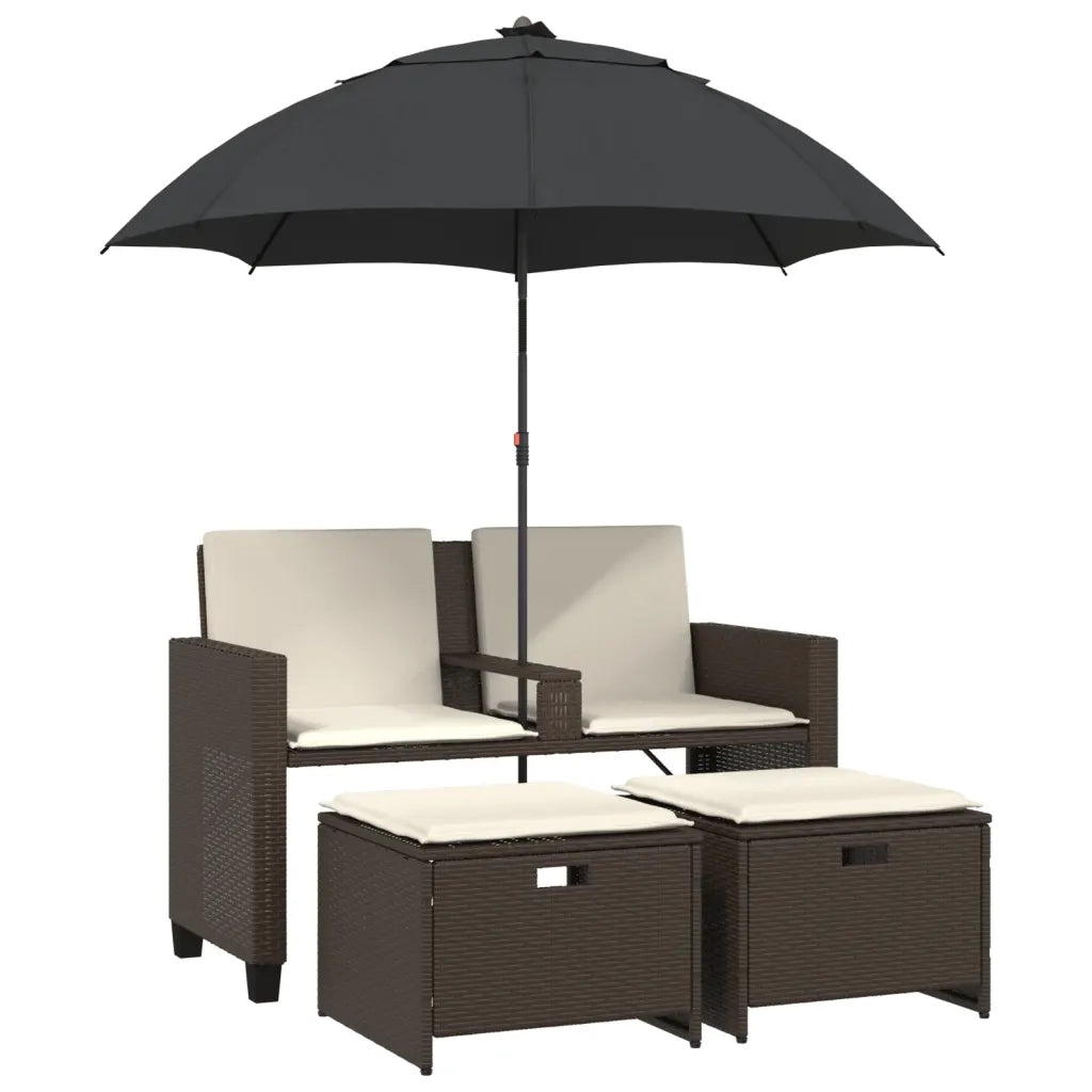 vidaXL Divano Giardino 2Posti Ombrellone e Sgabelli Marrone Polyrattan