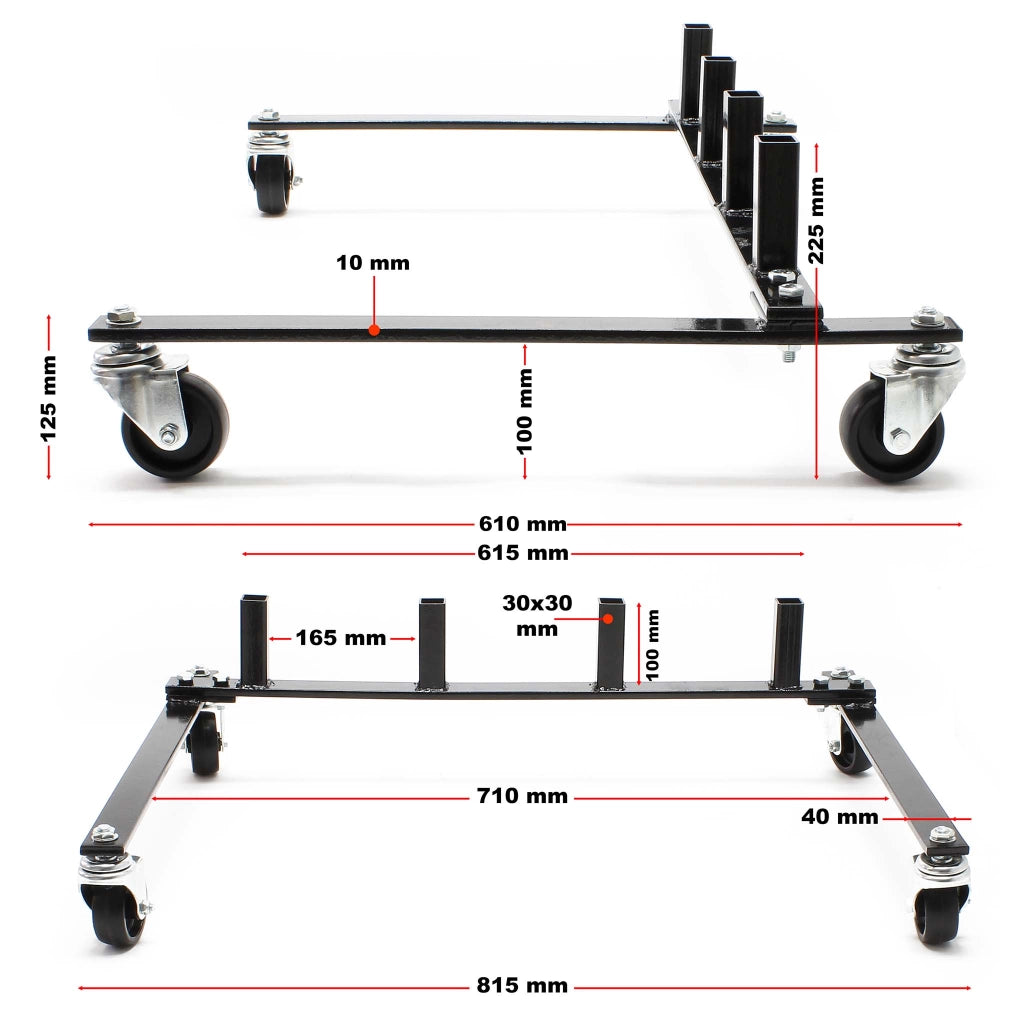 Set con supporto per 4x carrelli sposta auto e 4x carrelli di ausilio alla manovra con cric idraulico per max 680kg l'uno e gomme fino a 30cm